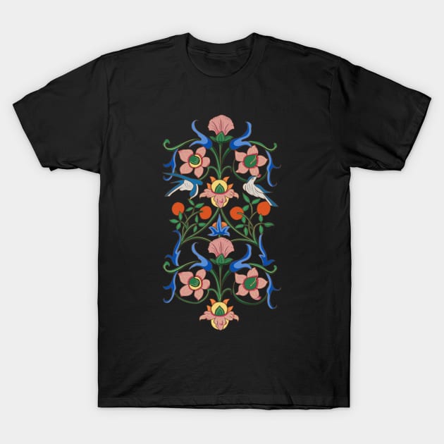 Colorful Medieval Inspired Bird Nature Pattern T-Shirt by MariOyama